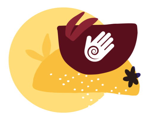 Illustration of a maroon bowl with a white handprint painted on it. The background is abstract shapes in shades of gold.
